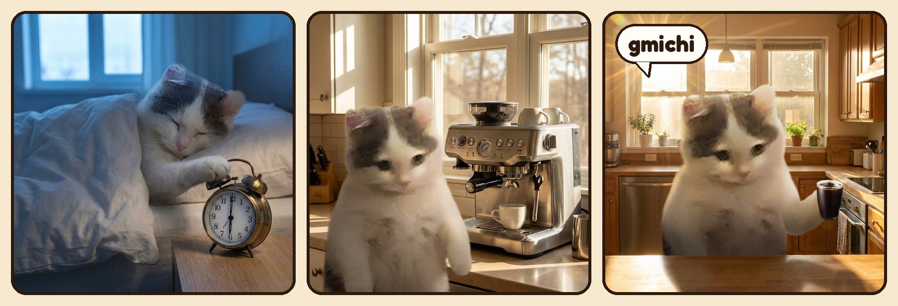 Michi slams the alarm at six, shuffles to the coffee machine, then says gmichi with a full glass