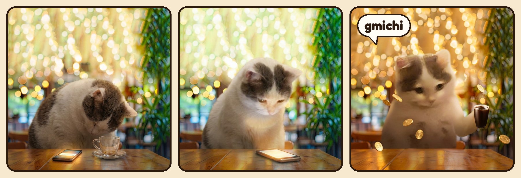 Michi asleep on a café table wakes to a wallet notification and says gmichi as coins rain down