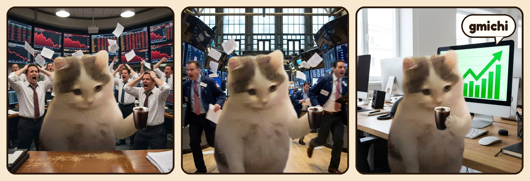 Traders panic on a red trading floor while Michi sips coffee and says gmichi