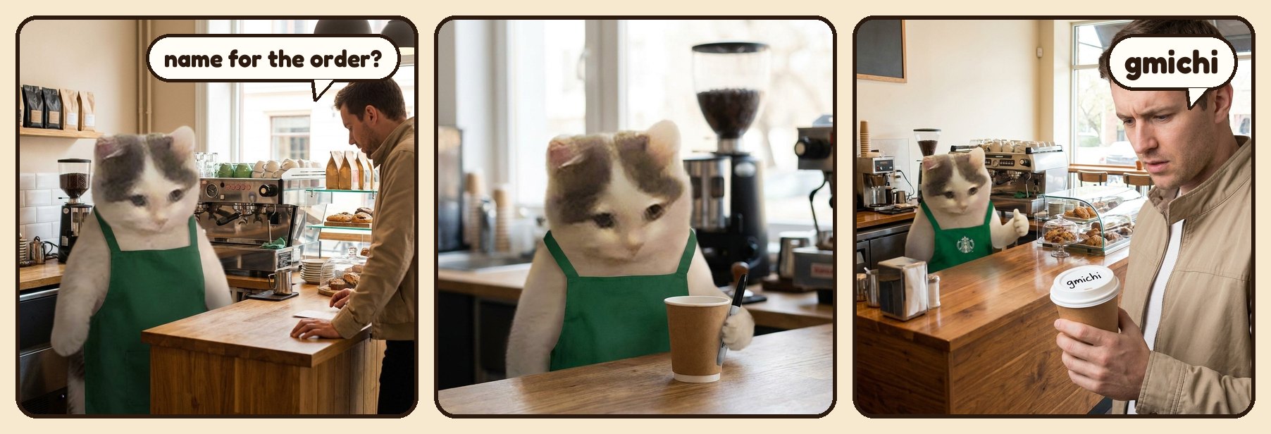Barista Michi writes gmichi on the cup instead of the customer's name