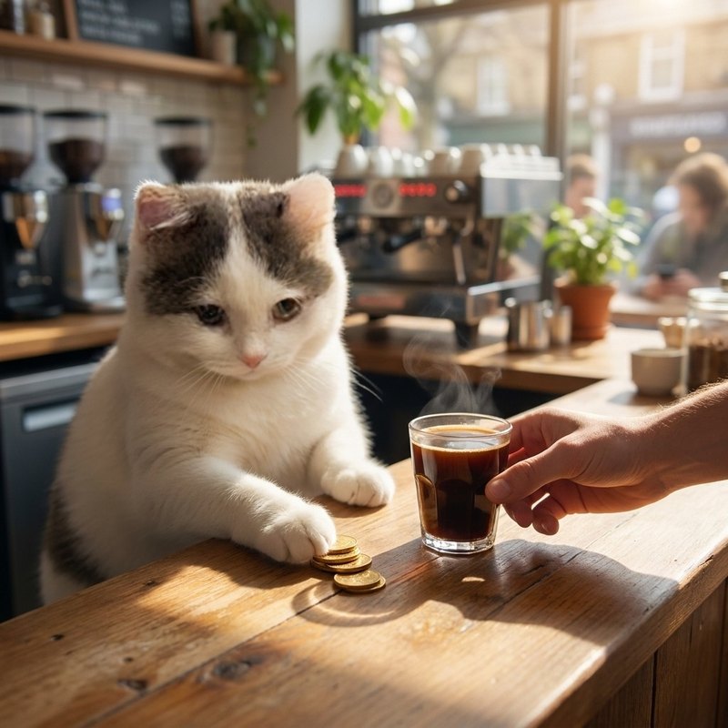 Michi pays with cat coins and gets a coffee