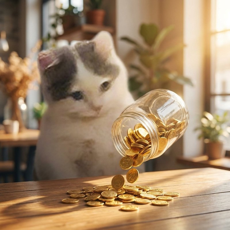 Michi tips the jar and coins pour into a row of wallets